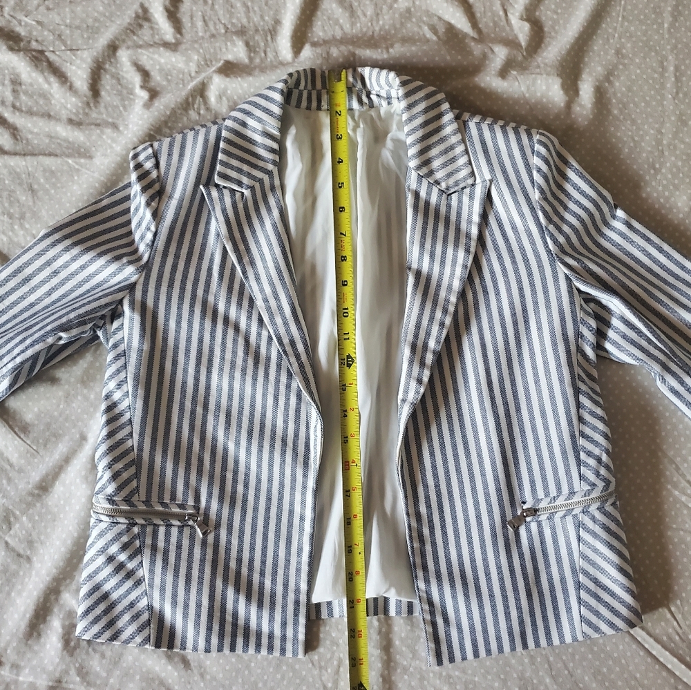 Express Blue & White Striped Zipper Blazer Size M Academia Preppy Corpcore - Picture 12 of 14
